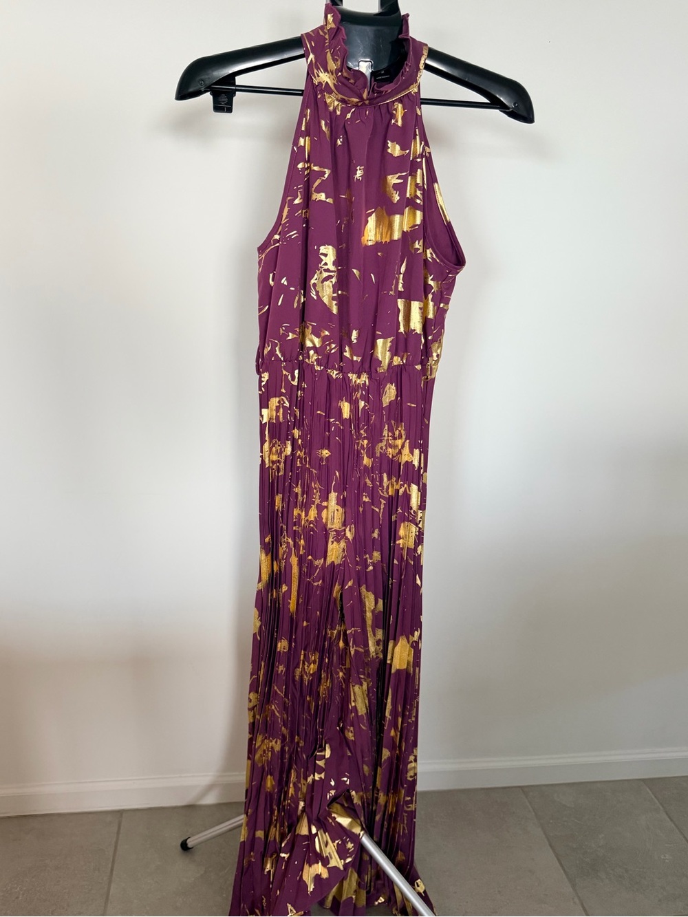 Sleeveless Purple and Gold Halter Maxi Dress